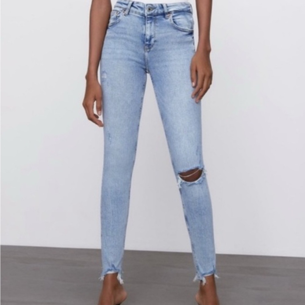 Zara Light Blue Skinny Jeans with Distressed Detail